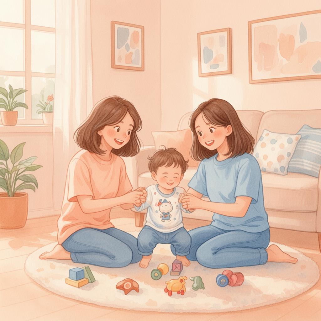 Babysitters playing with a toddler in a cozy living room